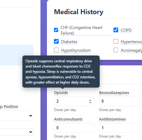 Educational popup explaining how opioids affect respiratory drive and central events