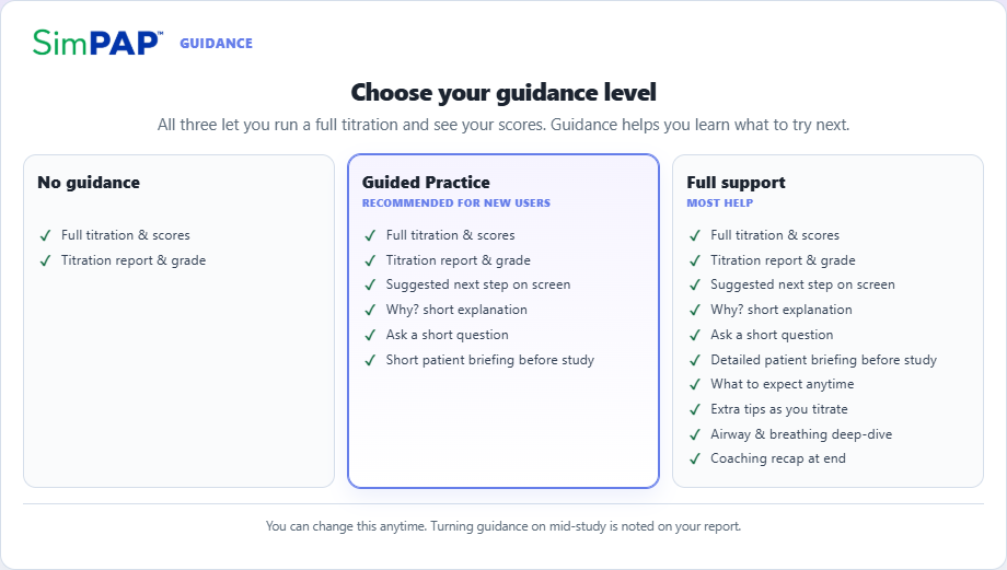 Choose your guidance level with No guidance, Guided Practice, and Full support columns