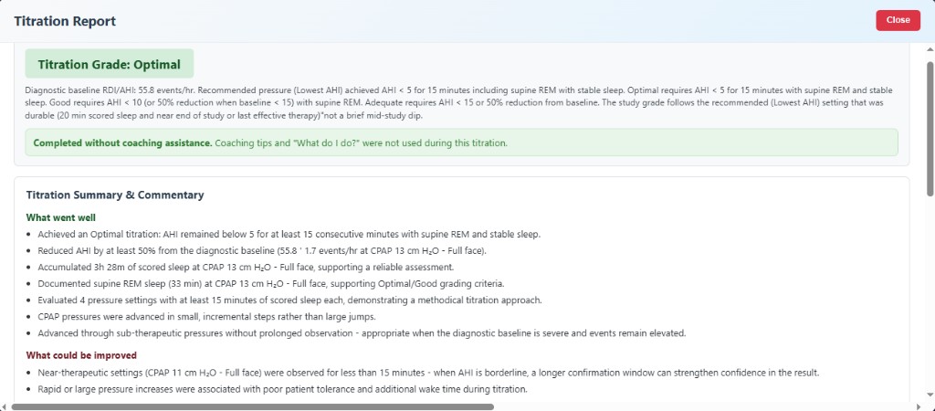 Titration report with study grade, what went well, and what could be improved