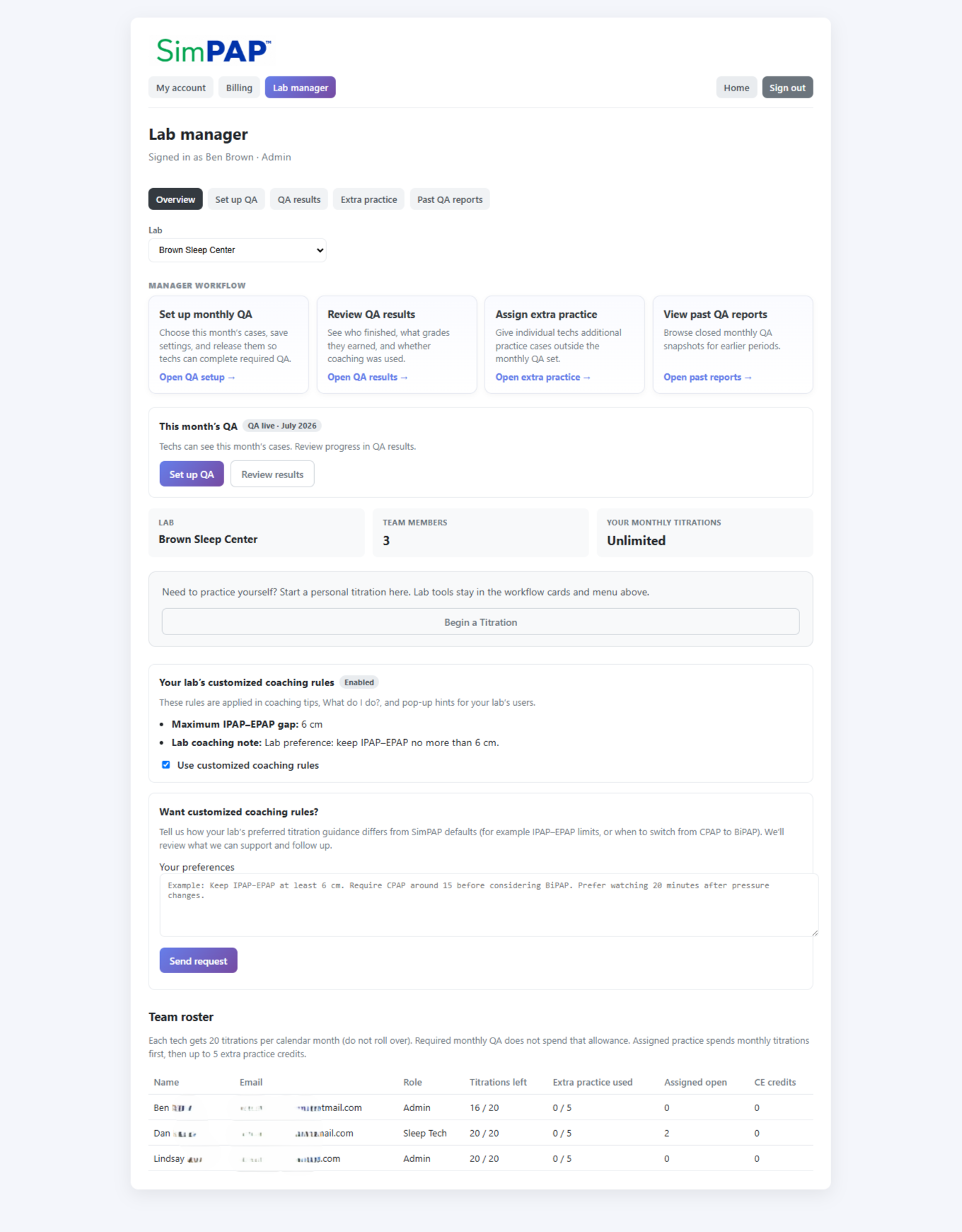 Lab manager dashboard for assignments and team review